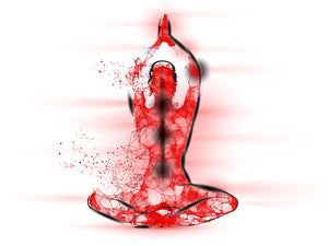 Rendering of Red light therapy light re-building the cellular structure of a woman in a crossed legged yoga pose.