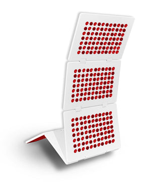 A portable red light therapy device with a foldable design.