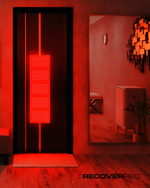 Travel friendly red light therapy device hanging on a door.