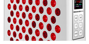 Red light therapy light close up of control panel that displays the time and intensity as well as the red LEDs.