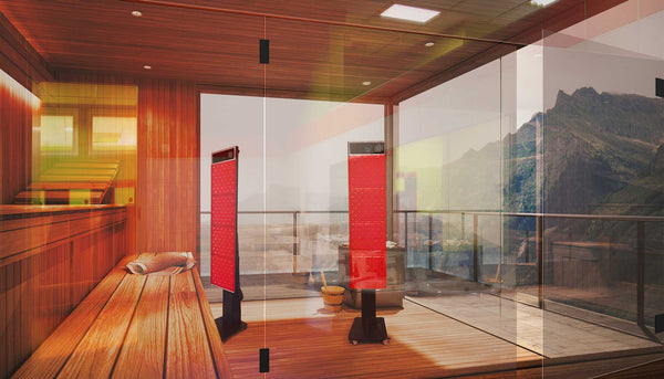 Looking into a modern commercial sauna overlooking the mountains featuring two red light therapy devices.