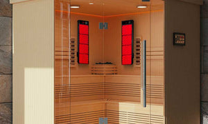 Two red light panels in a sauna.