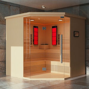 Contractor installed built-in Red Light Therapy devices for an infrared sauna. Featuring a corner design created by a sauna builder.