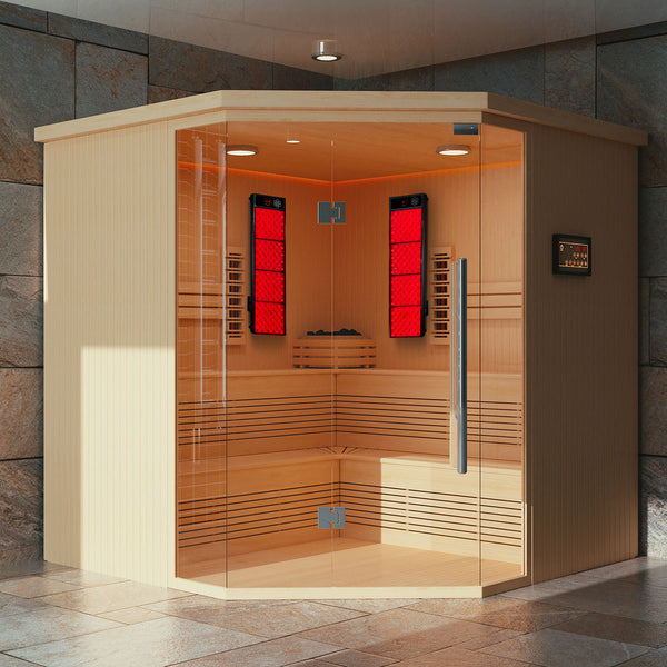 Contractor installed built-in Red Light Therapy devices for an infrared sauna. Featuring a corner design created by a sauna builder.
