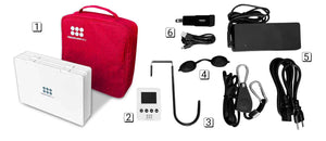Hand held red light device with travel accessories.