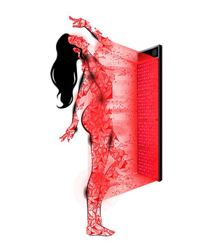 Woman standing in front of a red light therapy panel for saunas.