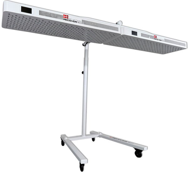 High intensity red light therapy device with horizontal stand.