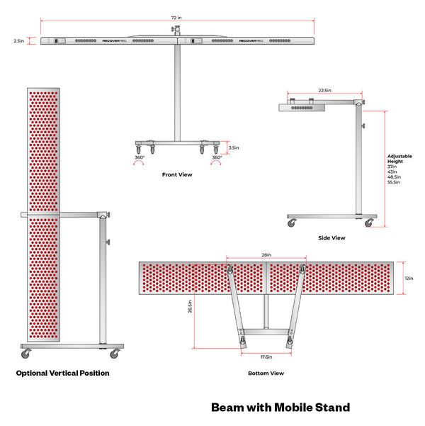 Diagram and measurements of red light light therapy device with stand.