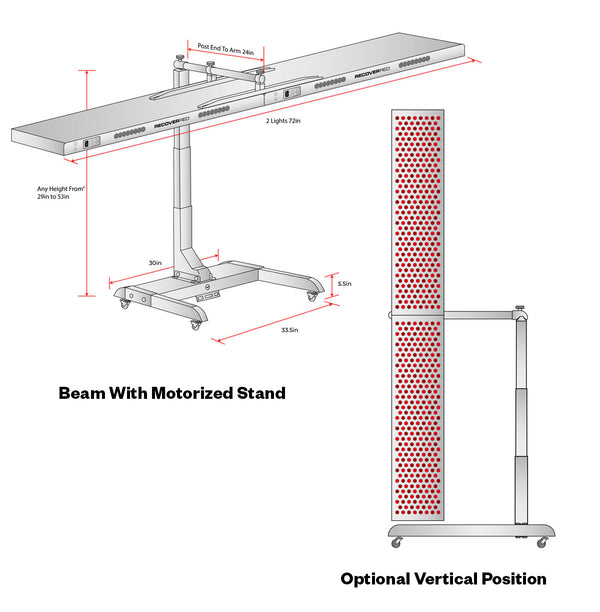 Measurements and diagram of red light light therapy device with power adjusting stand.