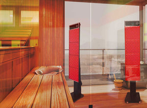 Red Sauna panels on a stand added to a large traditional sauna.
