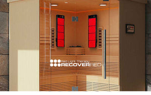 Two red light panels in a sauna.