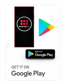 Phone with Recovered app logo and Google Play Store icons on a white background