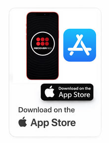 Phone with RecoverMe app icon and App Store download buttons on a white background
