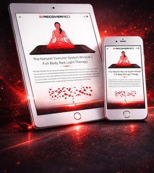 Tablet and smartphone displaying Recovered Red Light Therapy articles on a dark background with red light effects.