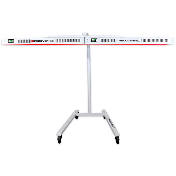 LED red light therapy device with mobile stand on wheels.
