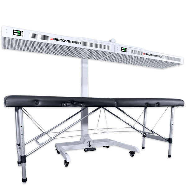 High intensity red light therapy device with horizontal stand.