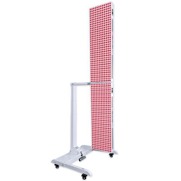 Vertical red light light therapy device with power adjusting stand.