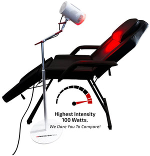 Black massage chair with red light and lamp on a white background, featuring text about power intensity.