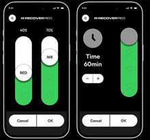 Two smartphone screens displaying a recovery app with sliders for RED and NIR, and a timer set to 60 minutes.