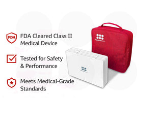 Travel red light therapy device with carrying case and certification logos on a white background.