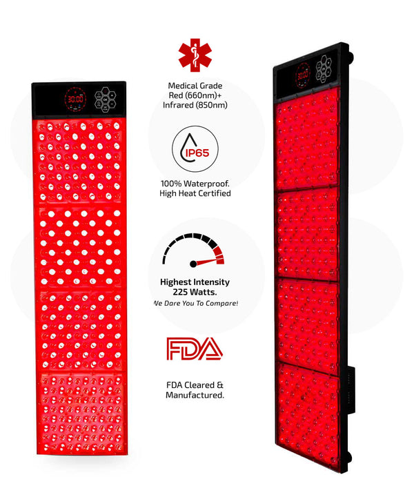 Two red light LED therapy panels with digital displays on a white background.
