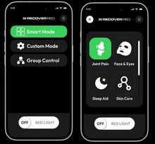Two smartphone screens displaying the Red Light app with different features.