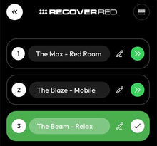 Two smartphone screens displaying the Red Light app with different devices listed.