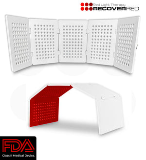 Foldable red light therapy panel with 'Recover Red' branding and FDA approval logo on a white background.