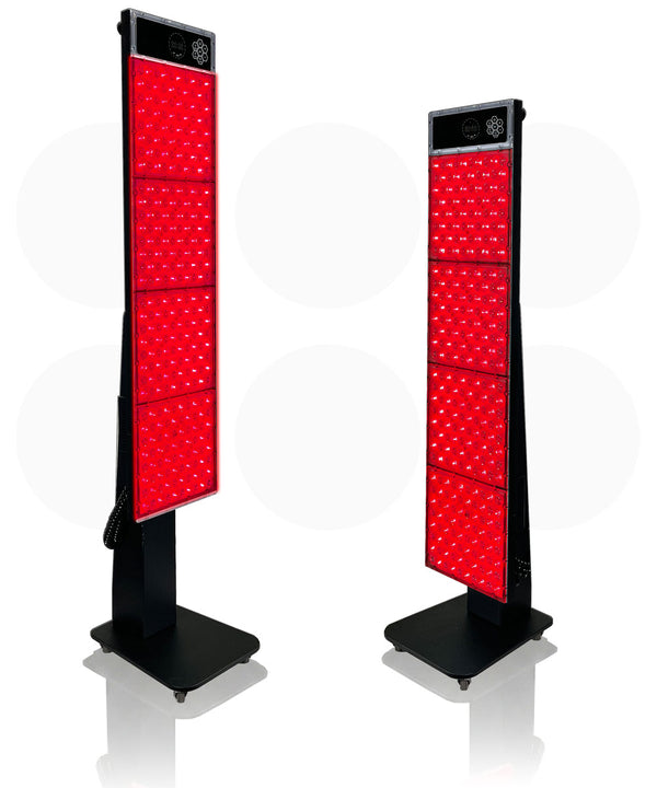 Two tall, vertical red light therapy panels on stands with red lighting lights on a white background.