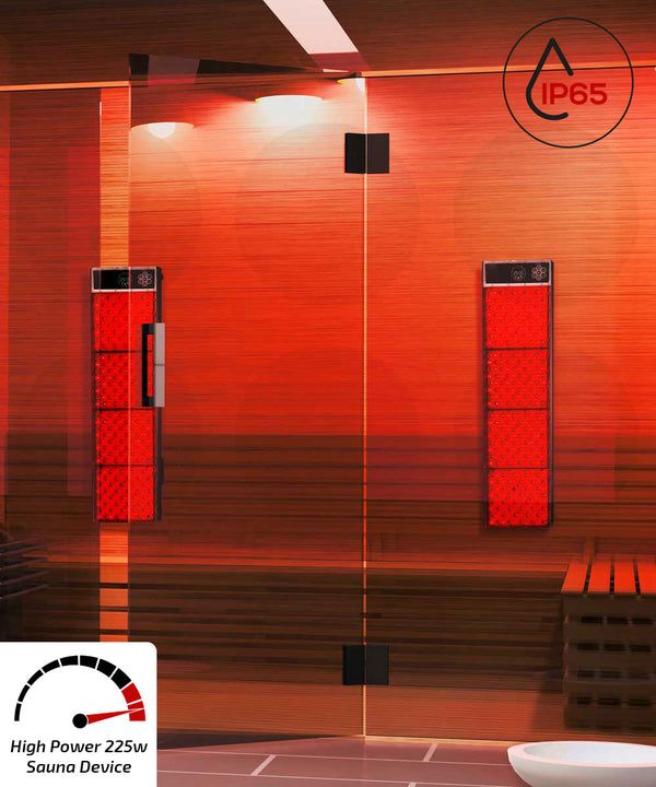 Red light therapy wall panels in a modern sauna interior.