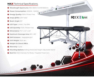 Massage table with LED light bed system and technical specifications on a white background.