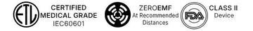 Certification logos for ETL IEC60601, Zero-EMF, and FDA Approved.