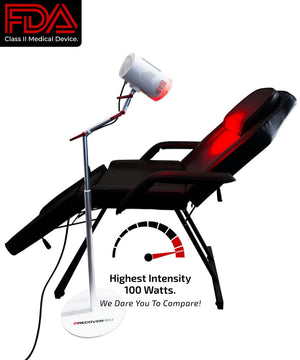 Medical chair with red light therapy device featuring FDA Class II Medical Device label.