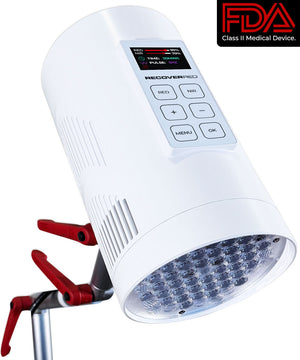 Red LED light therapy device with red clamps on a metal frame.