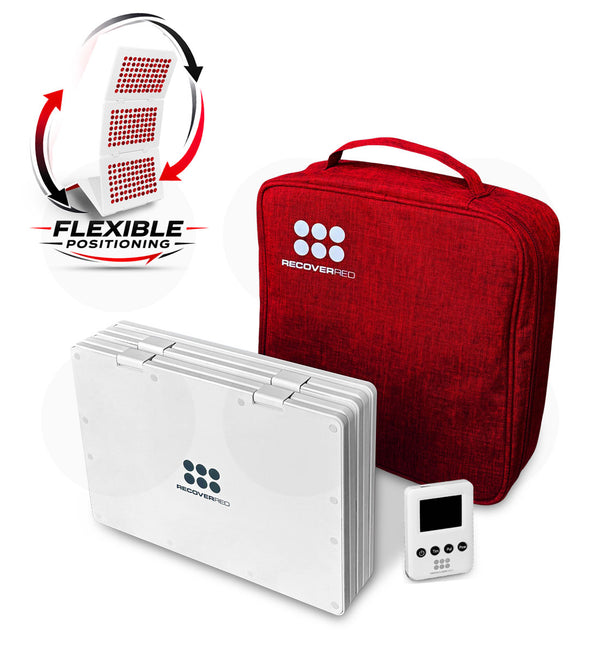 Red carrying case with white folding red light therapy panels and digital remote control.