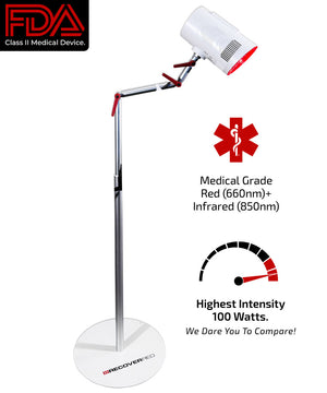 Medical-grade red light lamp with FDA Class II label.