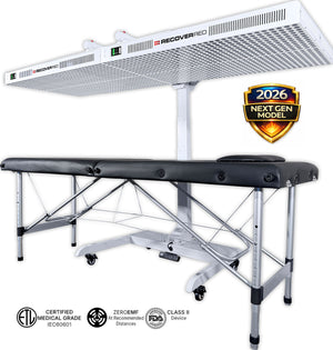 Red light therapy bed on a white background with FDA badges.