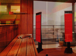 Red Sauna panels on a stand added to a large traditional sauna.
