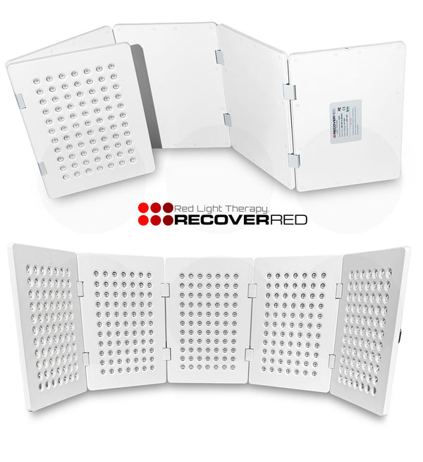 Foldable red light therapy panel with 'Recover RED' branding on a white background.