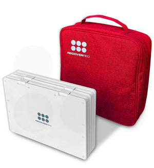 Red carrying case and white folded red light therapy device with Recover Red logo on a white background.
