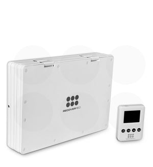 Full folded portable red light therapy device with a white remote control on a white background.