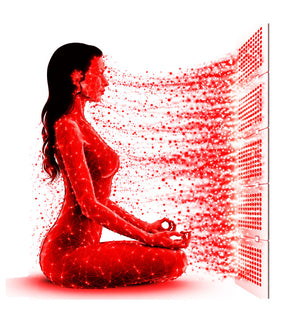 Meditating woman with red energy particles around her interacting with a red light therapy panel.