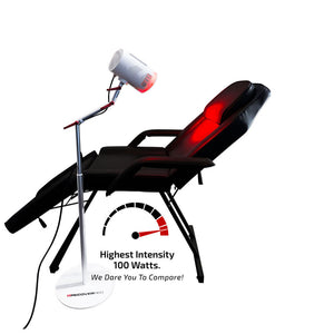 Infrared massage chair with red light lamp and intensity indicator on a white background.