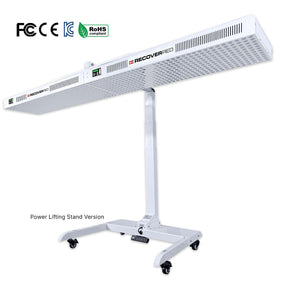 Two red light therapy lights on a stand for a red light therapy bed.