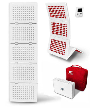 Red portable light with travel case.