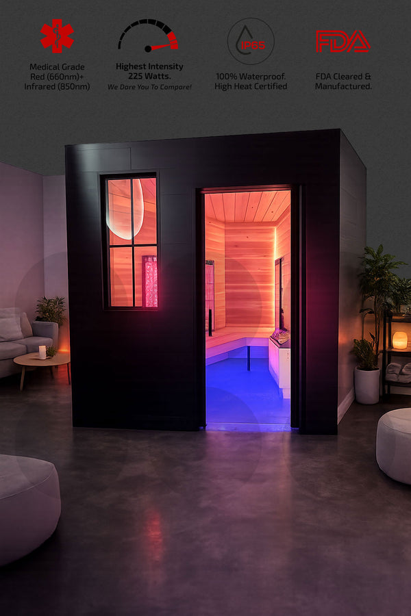 Modern indoor sauna with glowing interior red light panels in a dimly lit room.