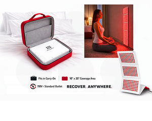 Red light therapy device in a carrying case with a woman using it in a hotel room.