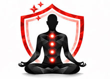 Geometric meditation with red energy points and a red shield representing human longevity. 