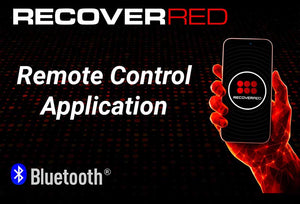 Hand holding a smartphone with Recover Red Remote Control Application logo on a dark background with 'RECOVER RED' branding.