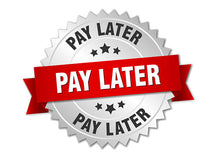 Circular badge with 'Pay Later' text and red ribbon on a white background.
